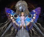  2girls absurdres at_wang bisected black_background blonde_hair blue_butterfly blue_eyes breasts bug butterfly butterfly_wings chinese_commentary closed_eyes closed_mouth cocoon commentary_request completely_nude hair_between_eyes highres insect_wings long_hair multiple_girls nipples nude original small_breasts very_long_hair wings 