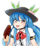  banana blue_hair blush chocolate_banana commentary embarrassed food food_on_head fruit fruit_on_head hat hinanawi_tenshi king_(ougon_kingyo-bachi) long_hair looking_at_viewer object_on_head peach red_eyes sexually_suggestive solo sprinkles sweat tears tongue tongue_out touhou trembling very_long_hair 