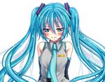  aqua_eyes aqua_hair arms_behind_back blush detached_sleeves hatsune_miku kotobuki0101 long_hair looking_down necktie simple_background smile solo twintails upper_body very_long_hair vocaloid white_background 