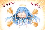  :3 :d bare_shoulders bell bellringer_angel blue_footwear blue_hair blush chibi dress halo highres holding jewelry leaning_forward long_hair looking_at_viewer moegi_nenene open_mouth outstretched_arms shadowverse shoes sleeveless sleeveless_dress smile solo waving_arms white_dress |_| 