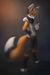 4_toes 5_fingers anthro beverage black_nose canine clothed clothing coffee digitigrade fluffy fluffy_tail food fox fur green_eyes hair headphones hi_res hoodie mammal orange_fur orange_hair shorts simple_background solo thanshuhai toes 