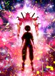  1boy armor boots full_body glowing glowing_eyes gundam gundam_gquuuuuux harada_miyuki highres male_focus mecha red_eyes red_gundam robot short_hair shuji_ito solo v-fin 
