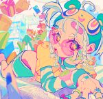  1boy 1girl absurdres bandaid bear_hat blue_eyes braid braided_sidelocks colorful commentary_request eyelashes figure heisei_retro highres holding indoors jewelry mago_oowarawa nintendo_switch open_mouth original ring shelf short_hair solo_focus star-shaped_pupils star_(symbol) sunglasses symbol-shaped_pupils thick_eyelashes watch white_hair wristwatch y2k_fashion 