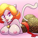  anthro bell big_breasts big_butt breasts butt cat clothed clothing feline female fur hair lipstick lonbluewolf makeup mammal mascot nipples orange_hair pink_background purple_eyes red_nose senba_lily simple_background smile solo topless white_fur 