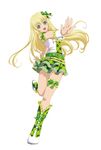  absurdres arm_garter blonde_hair blue_eyes boots bow collet_brunel cosplay garters green_bow green_footwear green_skirt hair_bow hair_ornament highres hoshii_miki hoshii_miki_(cosplay) idol idolmaster idolmaster_(classic) long_hair looking_at_viewer official_art open_mouth outstretched_arm plaid plaid_skirt simple_background skirt sleeveless smile solo tales_of_(series) tales_of_link tales_of_symphonia white_background wrist_cuffs 