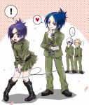  1girl 3boys belt black_hair blue_eyes blue_hair boots breasts chibi chrome_dokuro commentary_request dress eyepatch joushima_ken kakimoto_chikusa katekyo_hitman_reborn! midriff multiple_boys purple_eyes purple_hair rokudou_mukuro school_uniform short_hair skirt smile 