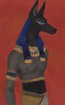  anubis armband canine clothed clothing deity eyeliner headdress jackal jewelry makeup male mammal nayshie nipples simple_background solo topless 