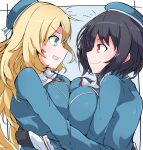  2girls ascot atago_(kancolle) beret black_gloves black_hair blonde_hair blue_ascot blue_jacket breast_press breasts eye_contact gloves green_eyes hat highres jacket kantai_collection long_hair looking_at_another military_jacket military_uniform multiple_girls nejirehifumi short_hair symmetrical_docking takao_(kancolle) upper_body 