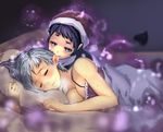 @_@ alternate_costume bare_shoulders biting blue_eyes blue_hair blush breasts camisole cleavage closed_eyes closed_mouth commentary_request doremy_sweet dream_soul dress ear_biting hat heavy_breathing highres kikimifukuri kishin_sagume large_breasts looking_at_another multiple_girls nightcap short_hair silver_hair sleeping sweat tail tapir_tail touhou under_covers yuri 
