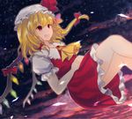  :d ascot blonde_hair brooch cloud flandre_scarlet floating frilled_shirt_collar frilled_skirt frills glint hair_ribbon hands_on_own_stomach hands_together hat hat_ribbon highres jewelry looking_to_the_side looking_up mob_cap night night_sky open_mouth outdoors puffy_short_sleeves puffy_sleeves red_eyes ribbon short_hair short_sleeves side_ponytail skirt skirt_set sky smile solo star_(sky) touhou tress_ribbon twilight wing_collar wings x&amp;x&amp;x 