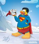 anthro avian belt bird black_hair blue_bodysuit blue_clothing blue_skinsuit bodysuit bottomwear cape clothing club_penguin crossover day dc_comics dog_puffle duo english_text feral hair hi_res hite_fur looking_at_viewer male open_mouth outside pants penguin puffle red_bottomwear red_cape red_clothing red_pants short_hair skinsuit superman superman_(series) text tight_clothing unknown_artist upper_teeth_only yellow_belt yellow_body yellow_skin