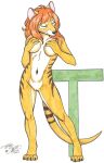 2025 anthro breasts brown_body brown_fur claws covering covering_breasts dasyuromorph eyes_closed female front_view fur genitals hair mammal marsupial pouch_(anatomy) pussy recently_extinct_species red_hair signature simple_background solo standing striped_body striped_fur stripes terrie_smith text thylacine white_background white_body white_fur yellow_body yellow_fur
