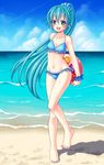  :d alternate_hairstyle aqua_eyes aqua_hair ball barefoot beach beachball bikini blue_bikini blush breasts cleavage cloud collarbone commentary_request condensation day frilled_bikini frills full_body greek_toe groin hatsune_miku highres kotobuki0101 long_hair looking_at_viewer navel ocean open_mouth outdoors ponytail sand scrunchie shadow sky smile solo standing standing_on_one_leg swimsuit toenail_polish toes trial very_long_hair vocaloid water wrist_scrunchie 