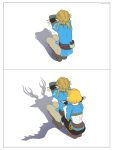  1boy 1girl blonde_hair blue_tunic boots braid cat_shadow_puppet_(meme) crown_braid earrings fingerless_gloves gloves highres jewelry link meme pointy_ears ponytail princess_zelda shadow_puppet short_hair sidelocks squatting teraichigo the_legend_of_zelda the_legend_of_zelda:_tears_of_the_kingdom tunic 