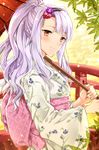  bad_id bad_pixiv_id blush commentary_request flower hair_flower hair_ornament highres idolmaster idolmaster_(classic) japanese_clothes kimono looking_at_viewer ponytail raimu_(yuzu-raimu) red_eyes shijou_takane silver_hair solo wooden_bridge yukata 