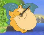 2016 3_toes 4_arms 4_fingers antennae_(anatomy) anthro arthropod artist_logo belly bent_arm big_belly big_breasts black_sclera blonde_hair blue_sky blue_wings breasts brown_fingers brown_toes cheek_tuft clear_sky colored day digital_drawing_(artwork) digital_media_(artwork) dragon-powah english_description facial_tuft featureless_breasts feet female female_anthro fingers fur grass hair huge_belly huge_breasts insect insect_wings lepidopteran logo morbidly_obese morbidly_obese_anthro morbidly_obese_female moth mountain multi_arm multi_limb multicolored_body multicolored_fur musical_instrument noseless nude nude_anthro nude_female obese obese_anthro obese_female on_rock outside overweight overweight_anthro overweight_female plant playing_music playing_sitar plucked_string_instrument river rock sarasvati_(nichara) shaded short_hair shrub sitar sitting sitting_on_rock sky solo string_instrument sun thick_thighs toes tuft two_tone_body two_tone_fur white_eyes wings yellow_body yellow_fur