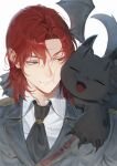  1boy absurdres black_dragon black_eyes cale_henituse closed_eyes dragon hair_between_eyes highres horns looking_at_another lout_of_count&#039;s_family male_focus medium_hair monchya_33 raon_miru red_hair simple_background small_dragon smile western_dragon white_background 