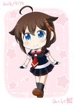  2016 ahoge black_legwear black_serafuku black_skirt blue_eyes blush braid brown_footwear brown_hair dated fingerless_gloves gloves hair_flaps hair_ornament hair_over_shoulder hair_ribbon kantai_collection loafers looking_at_viewer neckerchief pleated_skirt red_neckwear remodel_(kantai_collection) ribbon school_uniform serafuku shigure_(kantai_collection) shoes short_sleeves single_braid skirt smile solo standing star tenshin_amaguri_(inobeeto) younger 