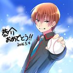  2016 baseball brown_hair character_name daamiyan dated grin happy_birthday little_busters! male_focus natsume_kyousuke necktie red_eyes school_uniform smile solo 