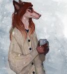  beverage canine clothing coffee_mug female hair mammal nayshie red_hair snow solo steam sweater whiskers 