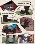 4:5 60percentscalie angry anthro avian bat bird black_eye_(injury) blood blue_eyes bodily_fluids bruised comic english_text forest fur grey_body grey_fur hair hi_res humanoid hurt_expression male mammal plant sitting solo text tree vauruk waking_up white_hair wounded