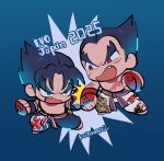  2boys barefoot black_eyes black_hair blue_background chibi chibi_only clenched_hands evolution_championship_series fang fighting fingerless_gloves full_body gloves heterochromia highres hitting kazama_jin kotorai looking_at_another male_focus mishima_kazuya multiple_boys open_mouth pants red_eyes scar scar_on_chest short_hair signature tekken topless_male v-shaped_eyebrows white_pants 