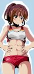  abs bare_arms bare_shoulders brown_eyes brown_hair buruma commentary_request looking_at_viewer lowres okuba original pointy_ears ponytail simple_background solo track_and_field track_uniform 