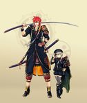  aizen_kunitoshi armor bandaid bandaid_on_nose boots coat commentary hair_flaps hand_on_hip hat height_difference high_heels hotarumaru japanese_armor male_focus multiple_boys older ootachi peaked_cap red_hair scabbard sheath shorts shoulder_armor sigil silver_hair simple_background smile sode tan_background tantou thighhighs touken_ranbu u_0048 zettai_ryouiki 