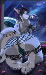 5_toes absurd_res anthro ariveil arm_tattoo black_hair blonde_highlights breasts butt clothing earth feet female fish fishnet_clothing gesture grey_body grey_skin hair heart_gesture hi_res highlights_(coloring) humanoid_feet humanoid_hands laguna_silverjaw leg_tattoo looking_at_viewer looking_back looking_back_at_viewer marine nipples panties planet plantigrade shark smile solo space tail_tattoo tattoo toes underwear