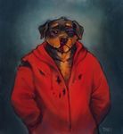  2016 anthro beaten bigmaster black_eye black_fur black_nose blood brown_fur bruised canine clothed clothing digital_media_(artwork) dog eyebrow_piercing facial_piercing floppy_ears front_view fur green_eyes half-length_portrait hands_in_pockets hoodie lip_piercing male mammal multicolored_fur nevarrio pac piercing portrait rottweiler sad signature simple_background solo standing torn_clothing two_tone_fur wounded 