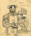  apron beard boxers_(clothing) canine clothing cooking dialogue dog duo english_text erection facial_hair front_view grin hug male male/male mammal monochrome muscular naked_apron pencil_(artwork) pubes rhinoceros romantic side_view size_difference smile tattoo tenting text traditional_media_(artwork) tush underwear 