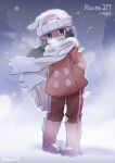 1girl artist_name bag beanie black_eyes black_hair boots buttons coat commentary covered_mouth dawn_(pokemon) duffel_bag earmuffs english_text floating_scarf full_body hair_ornament hairclip hands_in_pockets hat highres in-universe_location large_buttons leaning_to_the_side long_hair looking_at_viewer outdoors pants pink_boots poke_ball_print pokemon pokemon_dppt pokemon_platinum print_headwear rascal_(feuille) red_coat red_pants scarf scarf_over_mouth snow snow_on_head snow_on_headwear snowing solo standing twitter_username white_bag white_hat white_scarf wind winter winter_clothes winter_coat 
