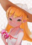  :t artist_name bad_id bad_tumblr_id bangs bare_shoulders blonde_hair blush bow brown_eyes closed_mouth collarbone doughnut dress eating food food_on_face hat hat_bow hat_ornament hideousbeing holding holding_food icing long_hair looking_at_viewer monogatari_(series) oshino_shinobu pointy_ears red_bow sleeveless sleeveless_dress solo sprinkles straw_hat sun_hat sundress sweets upper_body white_bow white_dress 