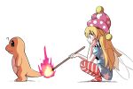  1girl ? blonde_hair blue_shirt charmander clownpiece commentary_request crossover fairy_wings fang fang_out fire flame-tipped_tail from_side hand_on_own_cheek hand_on_own_face hat highres holding holding_torch jester_cap kurachi_mizuki lighting_torch long_hair no_shoes pantyhose pink_hat pokemon pokemon_(creature) polka_dot_headwear print_shirt profile red_eyes red_pantyhose shirt short_hair simple_background solo spoken_question_mark squatting star_(symbol) star_print striped_clothes striped_pantyhose t-shirt tail torch touhou white_background wings 
