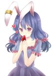  animal_ears blue_dress blue_hair blush bunny_ears dress ear_clip food frilled_dress frilled_ribbon frills fruit hair_between_eyes hair_ribbon heart highres low_twintails minomushi_(mino_kkgt) red_eyes red_ribbon ribbon seiran_(touhou) simple_background smile solo strawberry touhou twintails upper_body white_background 