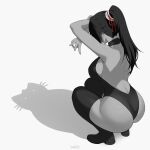  1girl absurdres artist_name ass back backless_leotard bare_shoulders bleach boots breasts cat_shadow_puppet_(meme) commentary crossed_arms double_w english_commentary facing_away from_behind greyscale highleg highleg_leotard highres large_breasts leotard long_hair median_furrow meme monochrome patreon_username ponytail shadow shadow_puppet shihouin_yoruichi sideboob sleeveless_turtleneck_leotard solo spot_color squatting stayaliveplz thick_thighs thigh_boots thighhighs thighs toned toned_female w 