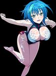  1girl barefoot blue_hair breasts cleavage cleavage_cutout feet high_school_dxd large_breasts looking_at_viewer official_art short_hair smile solo swimsuit xenovia_(high_school_dxd) yellow_eyes 