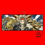  4boys 6+others aamon_(dq4) ahoge anniversary armor choker commentary_request creature_request derivative_work dragon dragon_quest dragon_quest_iii dragon_quest_iv estark fingernails grey_hair hat head_out_of_frame headband highres holding holding_sword holding_weapon limited_palette long_hair looking_at_viewer looking_up mitre monster multiple_boys multiple_others parted_hair pauldrons pisaro pisaro_knight pointy_ears red_eyes red_headband sharp_fingernails shoulder_armor single_pauldron spiked_pauldrons spot_color sword tcgf_04 toriyama_akira_(style) upper_body video_game_cover_redraw weapon wrinkled_skin 