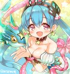  &gt;_&lt; alrescha_(p&amp;d) armband bare_shoulders blue_hair bracer breasts cleavage closed_eyes collarbone dress earrings jewelry long_hair looking_at_viewer marshmallow_mille medium_breasts necklace purple_hair puzzle_&amp;_dragons ribbon robot shark smile star star_earrings tiara twintails twitter_username 