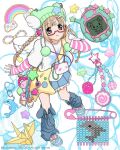  1girl 2000s_(style) bag bead_charm beads beanie blonde_hair blue_leg_warmers blue_shoes braid buttons charm_(object) commentary dice dolphin fashion faux_retro_artstyle green_hat handbag hat heisei heisei_retro highres jojifuku leg_warmers long_hair looking_at_viewer object_request oomulove origami original panda paper_crane paper_star rainbow shoes sneakers star-shaped_bag star_(symbol) stuffed_toy symbol-only_commentary tamagotchi tamagotchi_(classic) tamagotchi_(virtual_pet) tamagotchi_connection twin_braids very_long_hair wings 