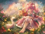  1girl absurdres aqua_bow aqua_bowtie aqua_eyes aqua_hair barefoot bird bow bowtie chinese_commentary commentary_request danli_suri dress english_commentary feet flower hat highres holding holding_flower honkai:_star_rail honkai_(series) hyacine_(honkai:_star_rail) knees_up medium_hair mixed-language_commentary on_grass pink_hair red_dress red_hat sitting smile solo swan toes twintails 
