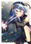  1girl bare_shoulders beret black_boots black_bow black_gloves black_shirt black_shorts blue_hat boots bow closed_mouth commentary_request commission copyright_request detached_sleeves firing fold-over_boots gloves grey_hair gun hair_between_eyes hat hat_bow holding holding_gun holding_weapon kou_hiyoyo long_sleeves muzzle_flash purple_eyes see-through_clothes see-through_sleeves shirt shorts skeb_commission sleeveless sleeveless_shirt smile solo v-shaped_eyebrows virtual_youtuber weapon weapon_request wide_sleeves 