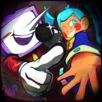  1boy 1girl absurdres ant_tenna antking aqua_eyes aqua_hair artist_logo blue_jacket blush_stickers bow bowtie commentary crossover crt deltarune english_commentary gloves grin hatsune_miku highres holding holding_microphone jacket logo long_hair microphone object_head one_eye_closed outstretched_hand pointing pointing_at_viewer single_blush_sticker smile spotlight static_(vocaloid) television twintails vocaloid white_gloves yellow_bow yellow_bowtie 