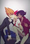  3boys arito_(yu-gi-oh!) arm_behind_back behind_another black_hair black_jacket blue_pants brown_shoes colored_bangs dark-skinned_male dark_skin dress_shirt facing_another fur-trimmed_jacket fur-trimmed_sleeves fur_trim gold_ring green_eyes hair_slicked_back hand_on_another&#039;s_chin hand_on_another&#039;s_stomach hand_on_table jacket khaki_pants knee_up knees_up leaning_forward leaning_on_person liusang looking_at_another male_focus middle_finger multiple_boys necktie on_table orange_hair pants parted_bangs purple_eyes red_eyes red_necktie red_shirt school_uniform shirt shoes sitting spiked_hair sweatdrop table tsukumo_yuma untucked_shirt vector_(yu-gi-oh!) white_background white_shirt yu-gi-oh! yu-gi-oh!_zexal 