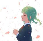  1girl blue_jacket braided_twintails closed_eyes dress green_hair grey_dress hashtag-only_commentary highres jacket love_live! love_live!_superstar!! medium_hair neck_ribbon onitsuka_tomari open_mouth petals pink_petals red_ribbon ribbon sano_keiichi school_uniform shirt solo twintails white_background white_shirt wind yuigaoka_school_uniform 