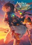  1girl ahoge ass atelier_(series) atelier_yumia benitama black_hair clothing_cutout copyright_name cover cover_page flammi_(atelier) gloves hair_over_one_eye high_heels highres holding holding_staff jacket looking_back official_art outdoors purple_eyes red_gloves second-party_source shoulder_cutout smile staff stuffed_toy sunset yumia_liessfeldt 