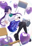  1girl absurdres bag balloon black_shoes black_thighhighs blue_skirt camera card chair commentary desk english_commentary falling green_eyes green_ribbon hair_ornament hair_scrunchie heart_balloon highres holding holding_camera long_hair love_live! love_live!_school_idol_project low_twintails midair neck_ribbon otonokizaka_school_uniform purple_hair raven_(rnzraven) ribbon school_bag school_chair school_desk school_uniform scrunchie shirt shoes skirt smile solo thighhighs tojo_nozomi twintails white_background white_shirt 