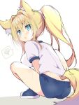  1girl absurdres animal_ear_fluff animal_ears ass blonde_hair blue_buruma blue_eyes blue_shoes blush breasts breath buruma copyright_request fox_ears fox_girl fox_tail from_behind fuuna_thise gym_uniform hair_intakes highres long_hair looking_back open_mouth pantylines ponytail shirt shoes short_sleeves simple_background solo spoken_squiggle squatting squiggle tail thighs virtual_youtuber white_background white_shirt 