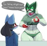 abs anthro arzy_parzy blush bodily_fluids boobs?_wanna_touch_boobs? duo female generation_4_pokemon generation_9_pokemon hi_res lucario male male/female meme meowscarada muscular muscular_female muscular_legs navel navel_piercing nintendo piercing pokemon pokemon_(species) sweat thick_thighs