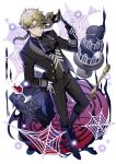  1boy alcohol ascot black_ascot black_flower black_jacket black_pants black_rose black_shirt black_suit blonde_hair boots bungou_stray_dogs cup drink drinking_glass flower fork full_body glasses gloves halloween hand_on_own_hip hand_up holding holding_mask jacket kunikida_doppo_(bungou_stray_dogs) long_sleeves low_ponytail male_focus mask masquerade_mask official_alternate_costume official_art pants parted_bangs parted_lips ponytail print_gloves rectangular_eyewear rose shirt silk skeleton_print solo spider_web standing suit third-party_source transparent_background vest white_flower white_rose wine wine_glass 